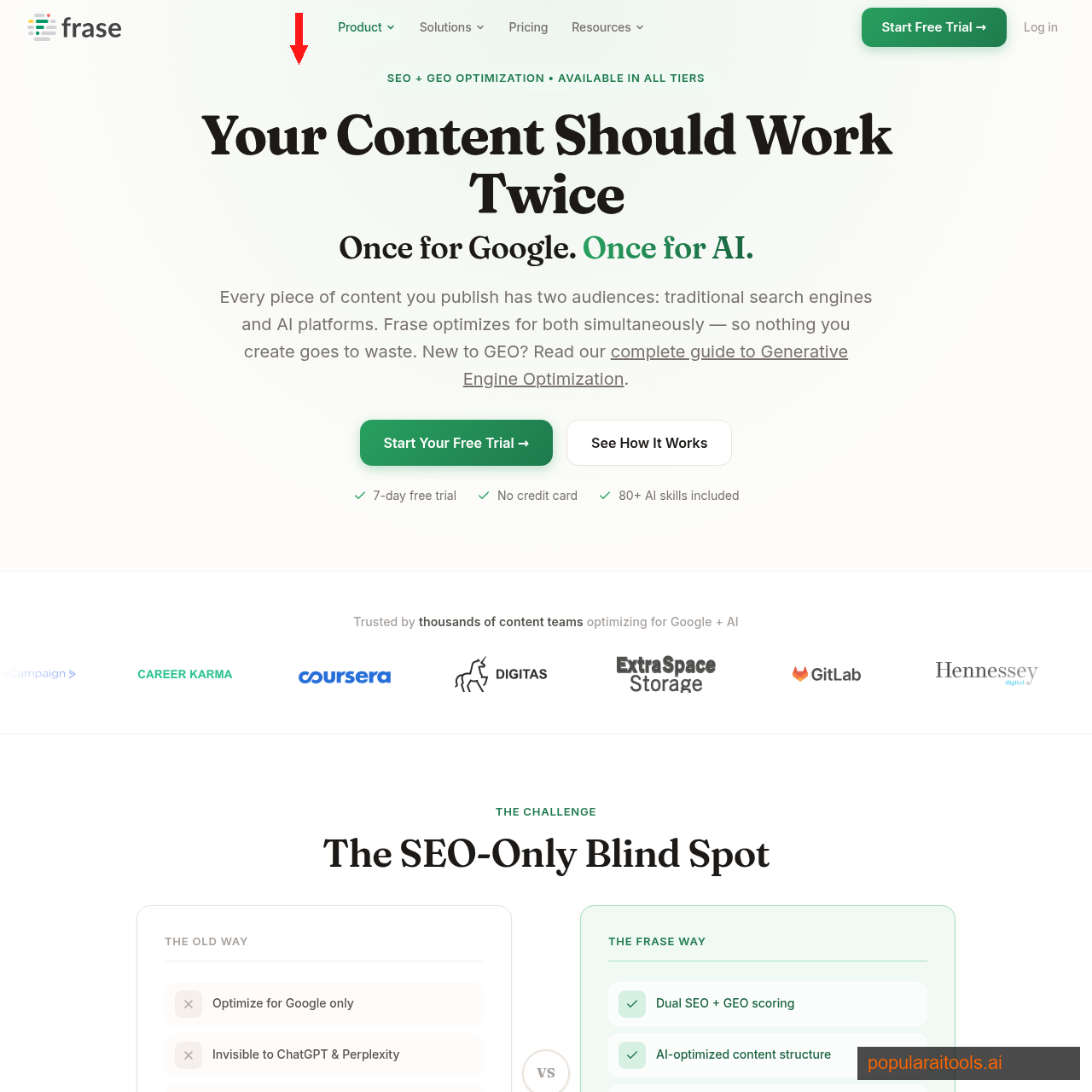 Frase content optimization editor with SEO and GEO scoring