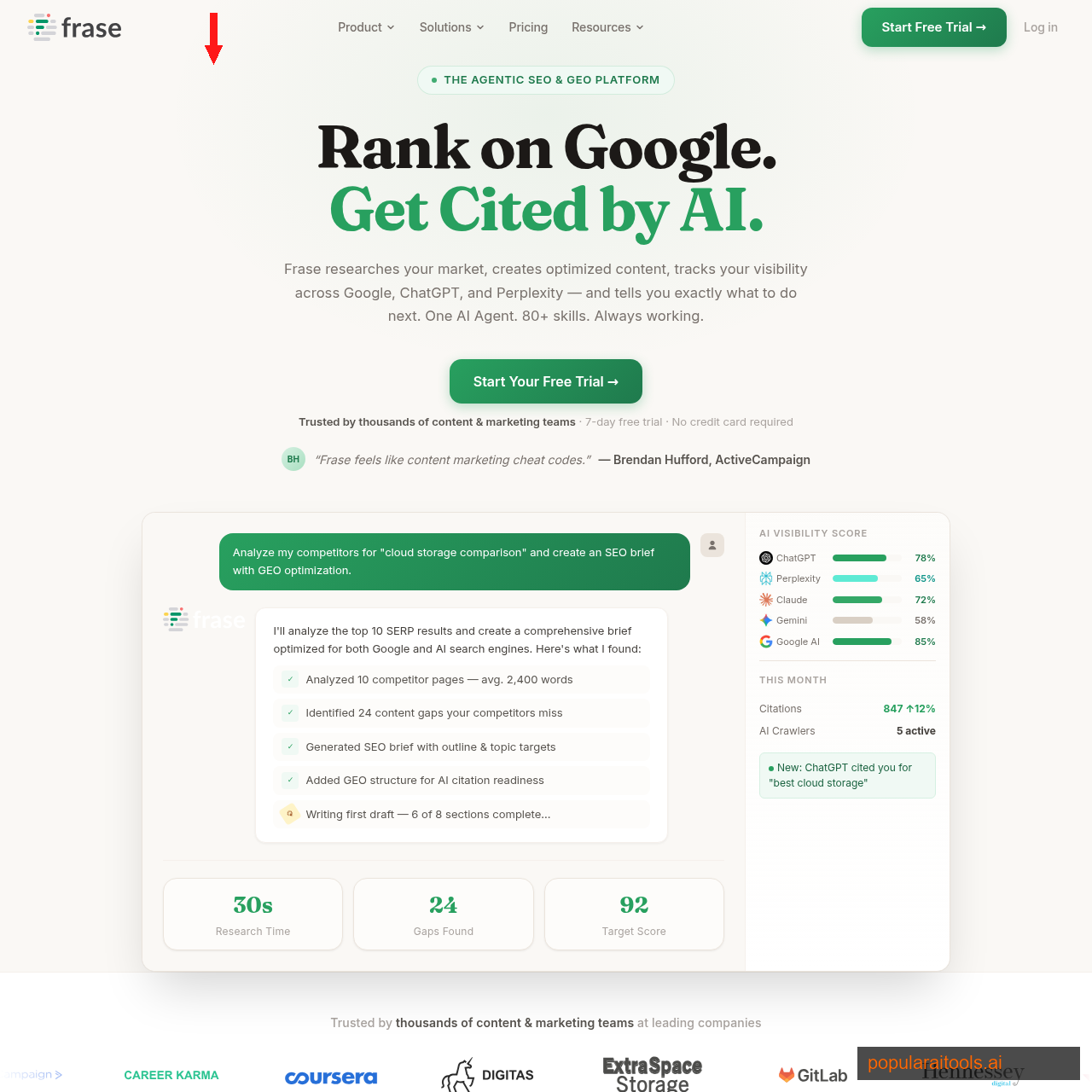 Frase homepage showing AI Agent for SEO and GEO optimization