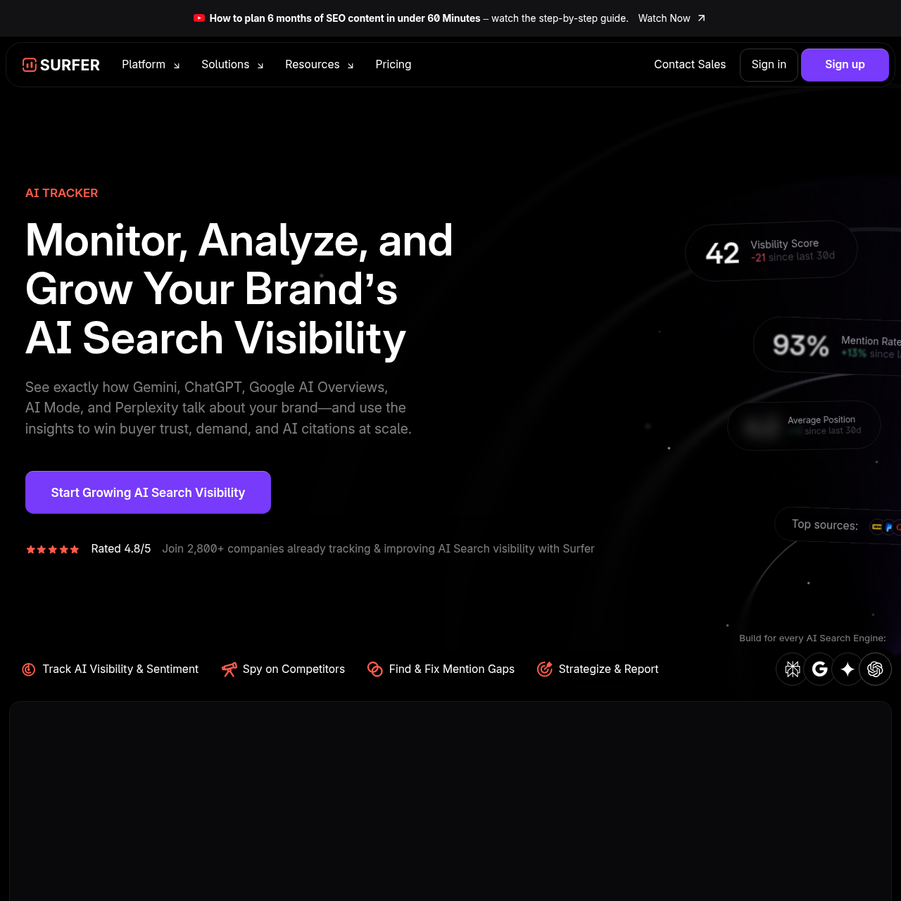 Surfer SEO AI Tracker showing brand visibility across ChatGPT, Perplexity, and Google AI