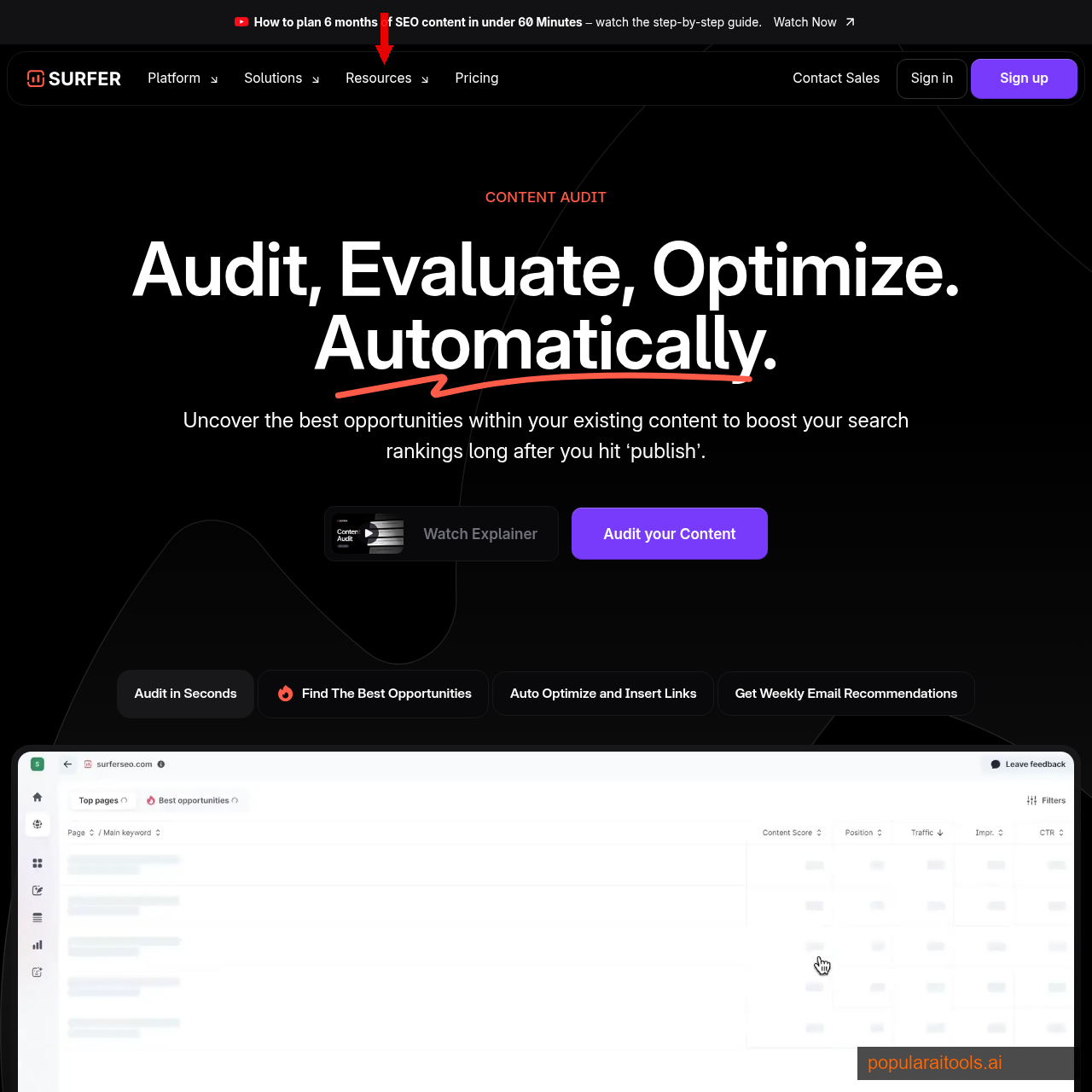 Surfer SEO content audit dashboard showing page performance and optimization opportunities