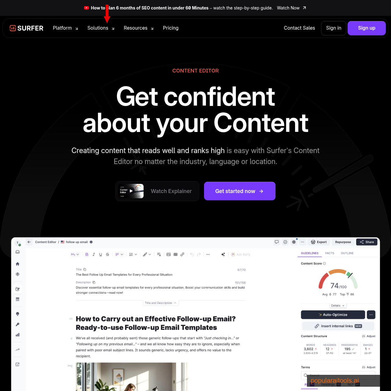 Surfer SEO Content Editor showing real-time optimization score and keyword recommendations