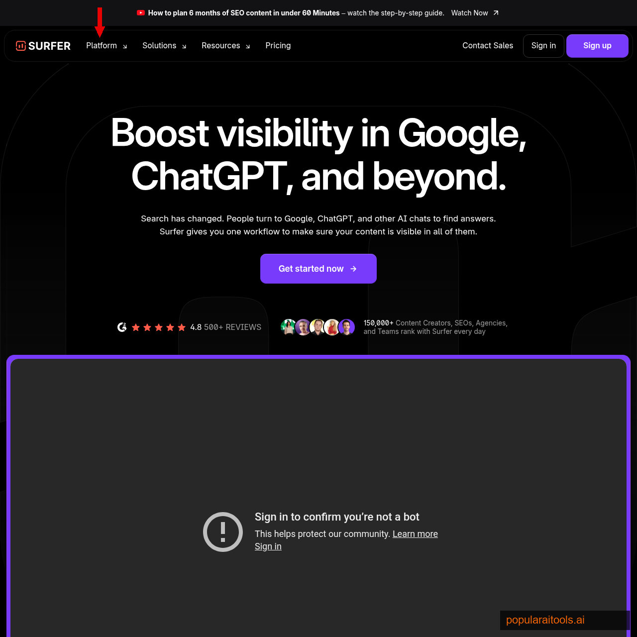 Surfer SEO homepage showing AI search visibility optimization platform