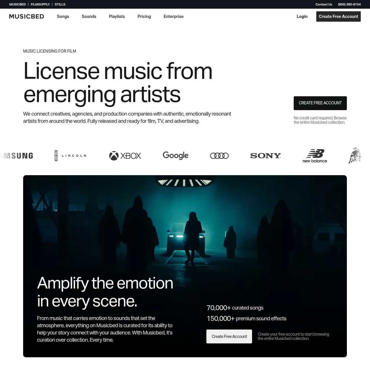Musicbed sync licensing platform homepage showing premium music catalog for filmmakers and ad agencies