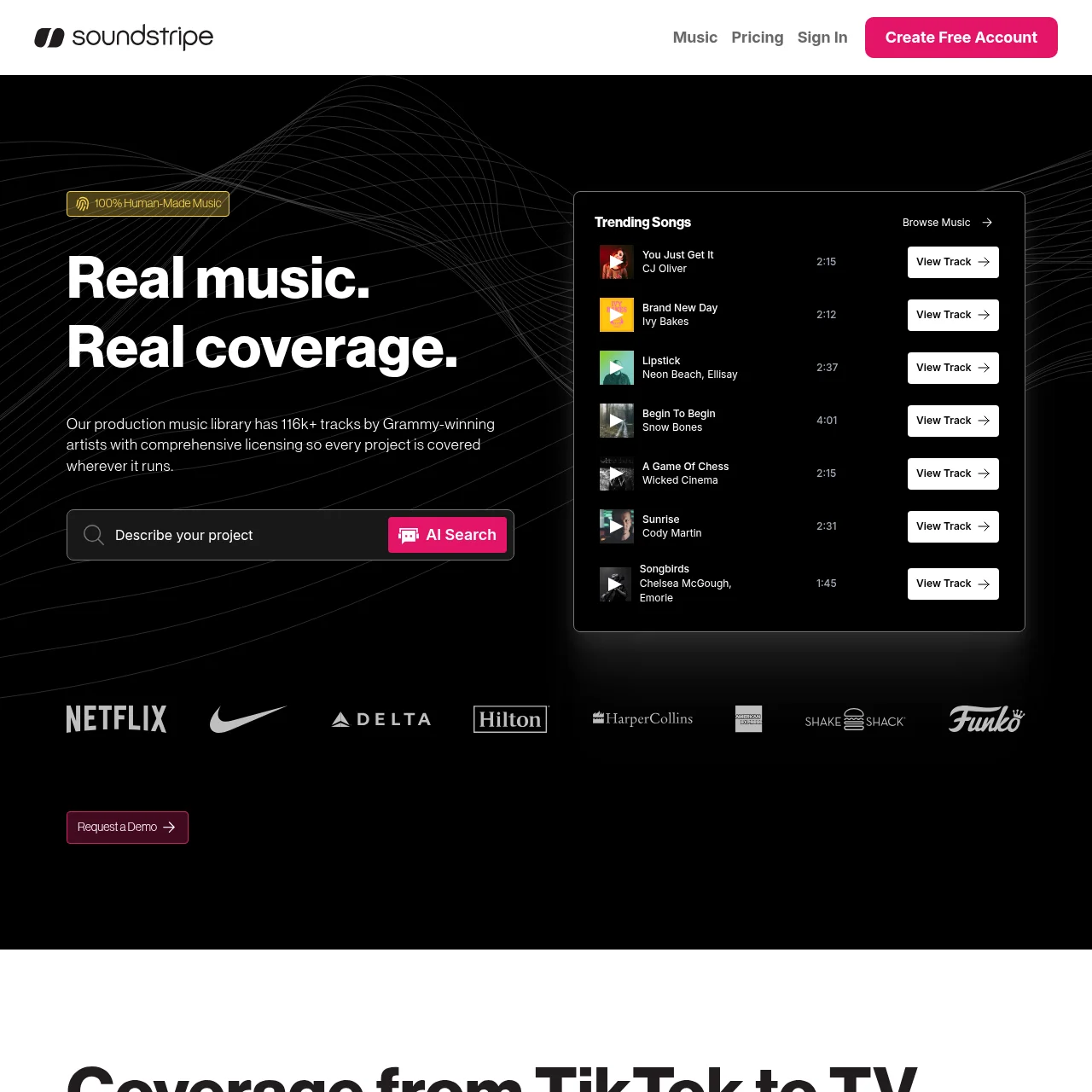 Soundstripe subscription platform for music licensing showing artist portal and royalty payout system