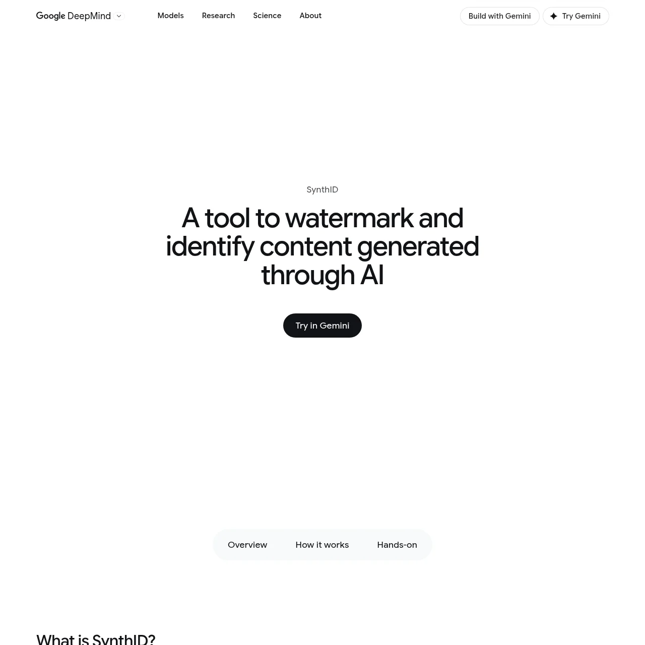 DeepMind SynthID product page showing the AI watermarking system for images, audio, video and text