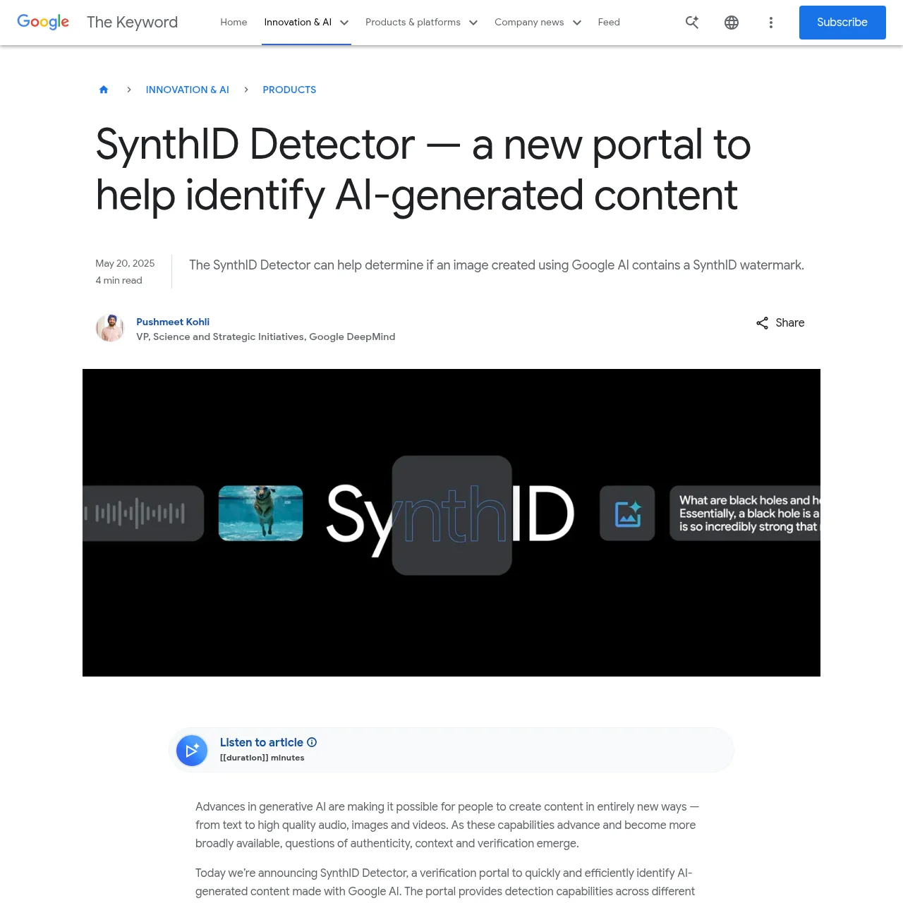 Google blog post announcing the SynthID Detector portal for journalists and media professionals