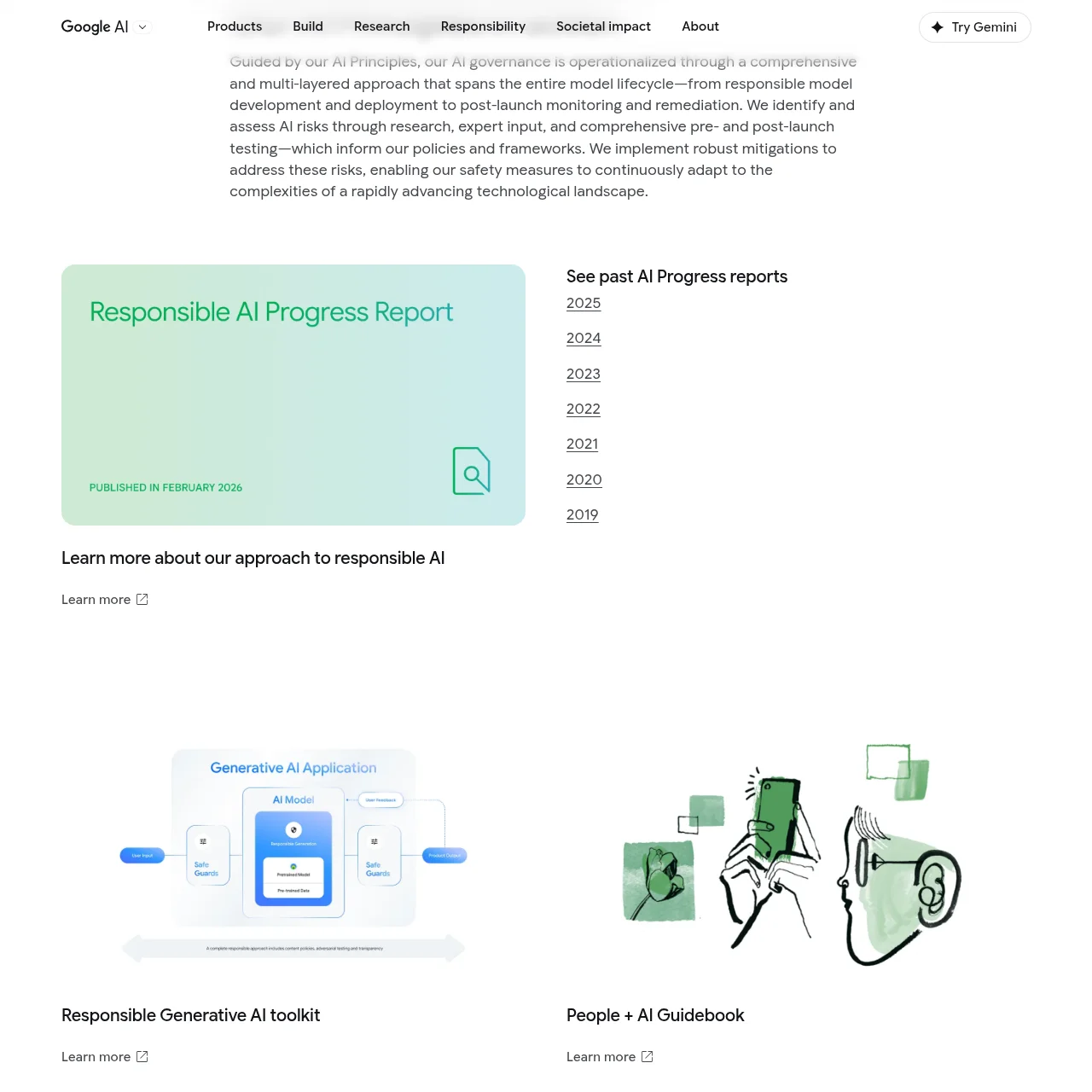 Google AI responsibility page discussing SynthID as part of the broader responsible AI framework