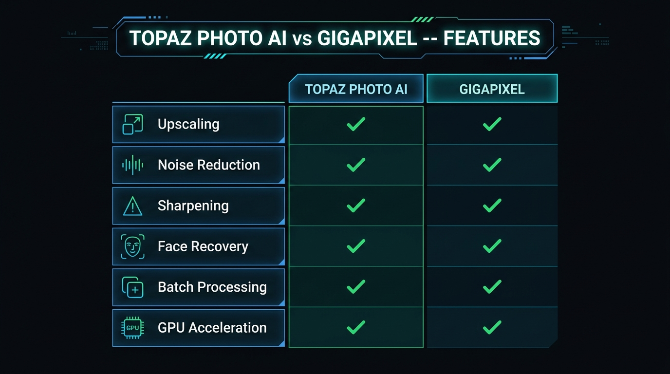 Topaz Photo AI vs Gigapixel AI side-by-side feature comparison across 8 categories