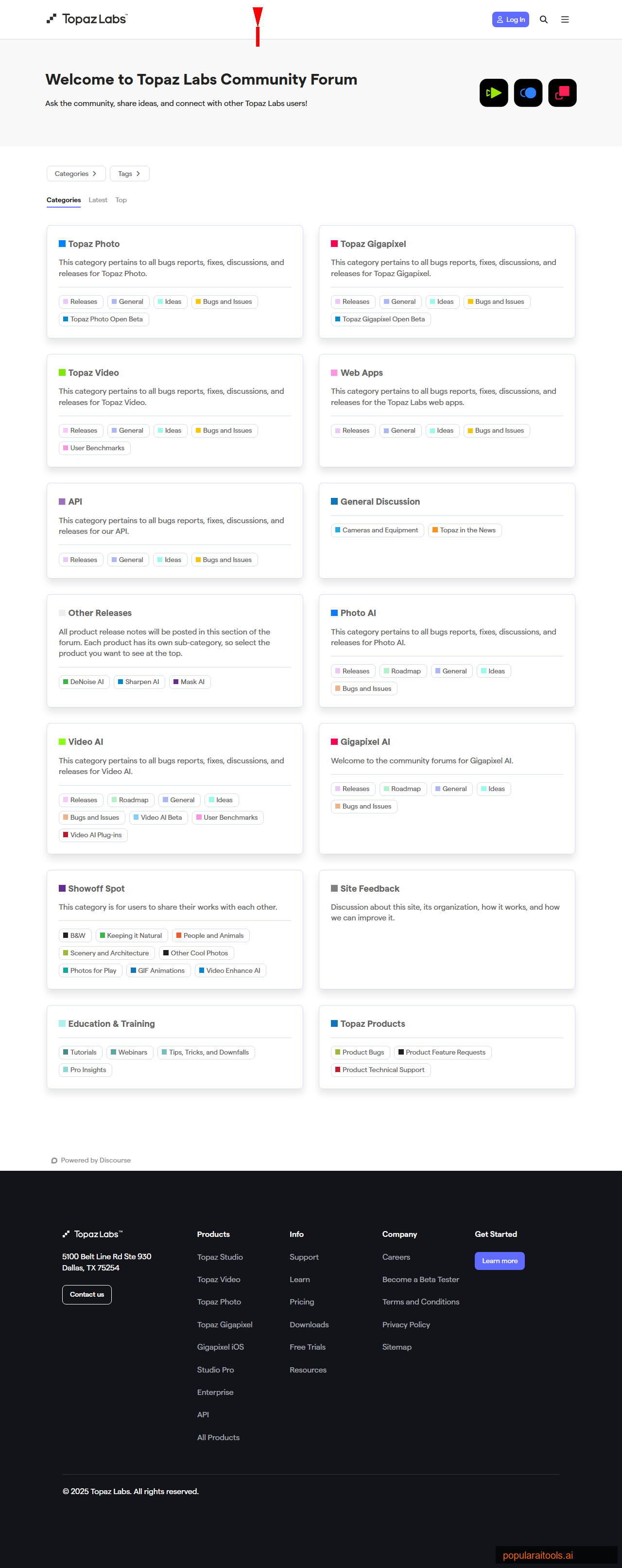 Topaz Labs community forum showing active discussions with tips and troubleshooting from users