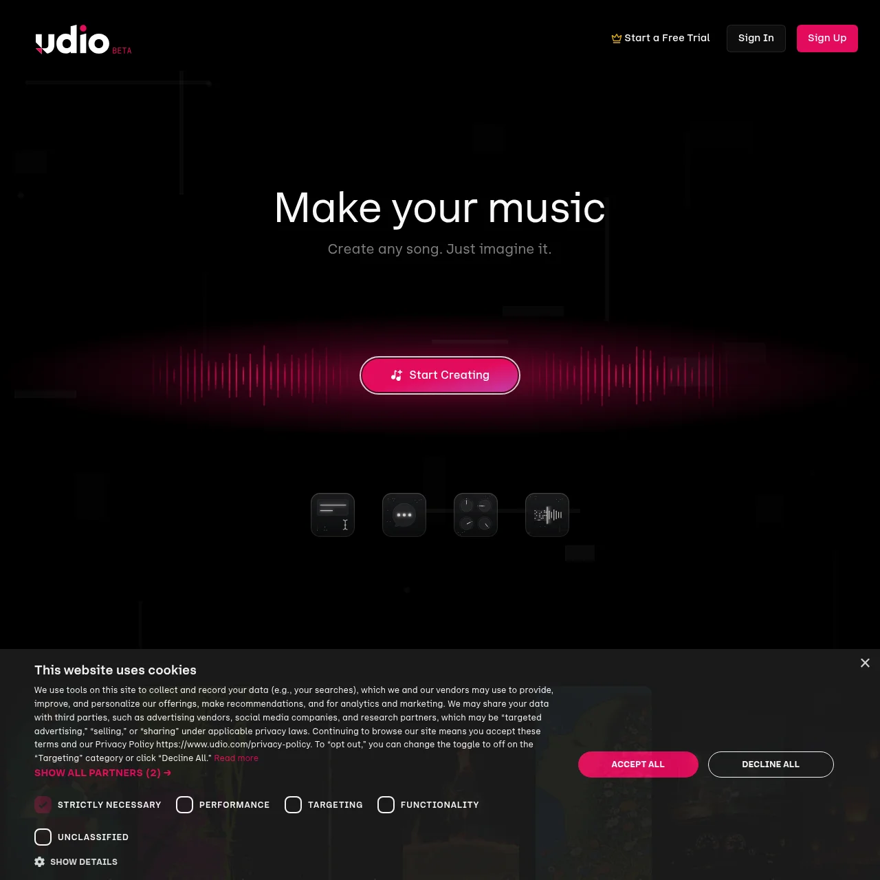 Udio.com homepage showing the AI music generation platform
