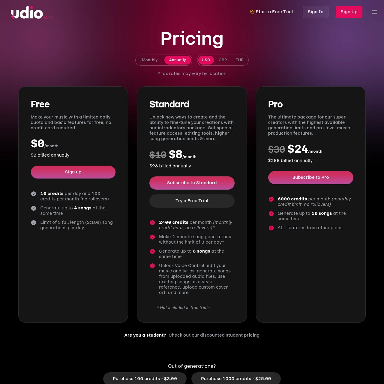 Udio pricing page showing Free, Standard, Pro, and Enterprise tiers