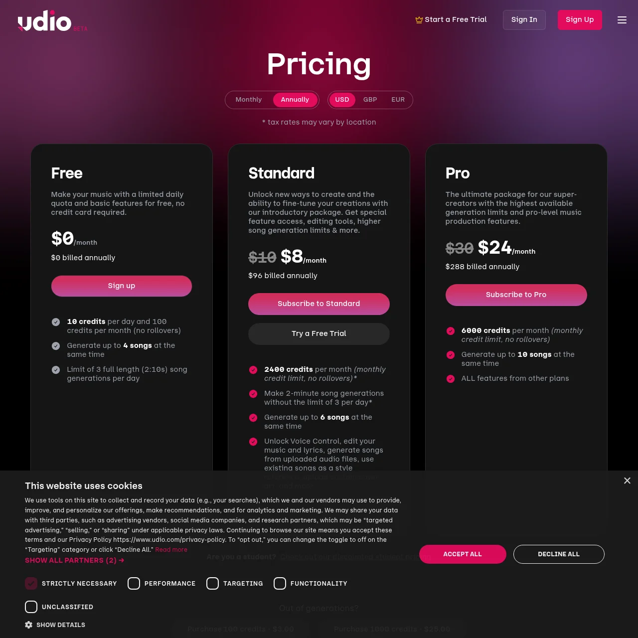 Udio pricing page showing Free, Standard, Pro, and Enterprise tiers