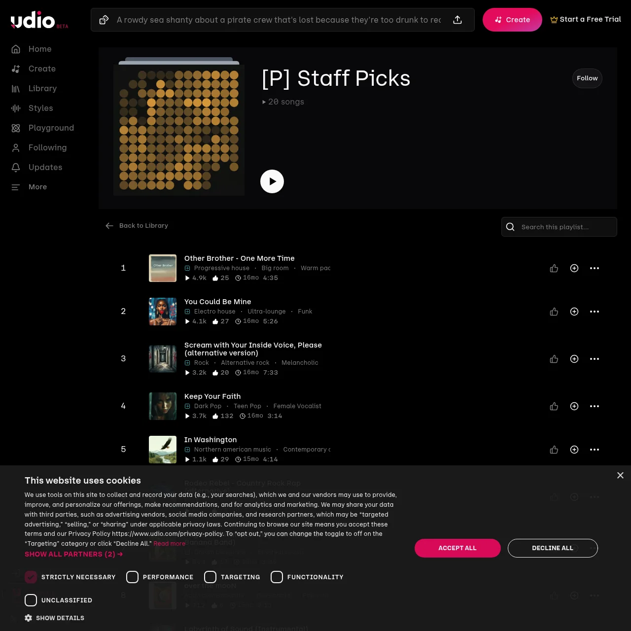 Udio staff picks community showcase featuring diverse genre examples