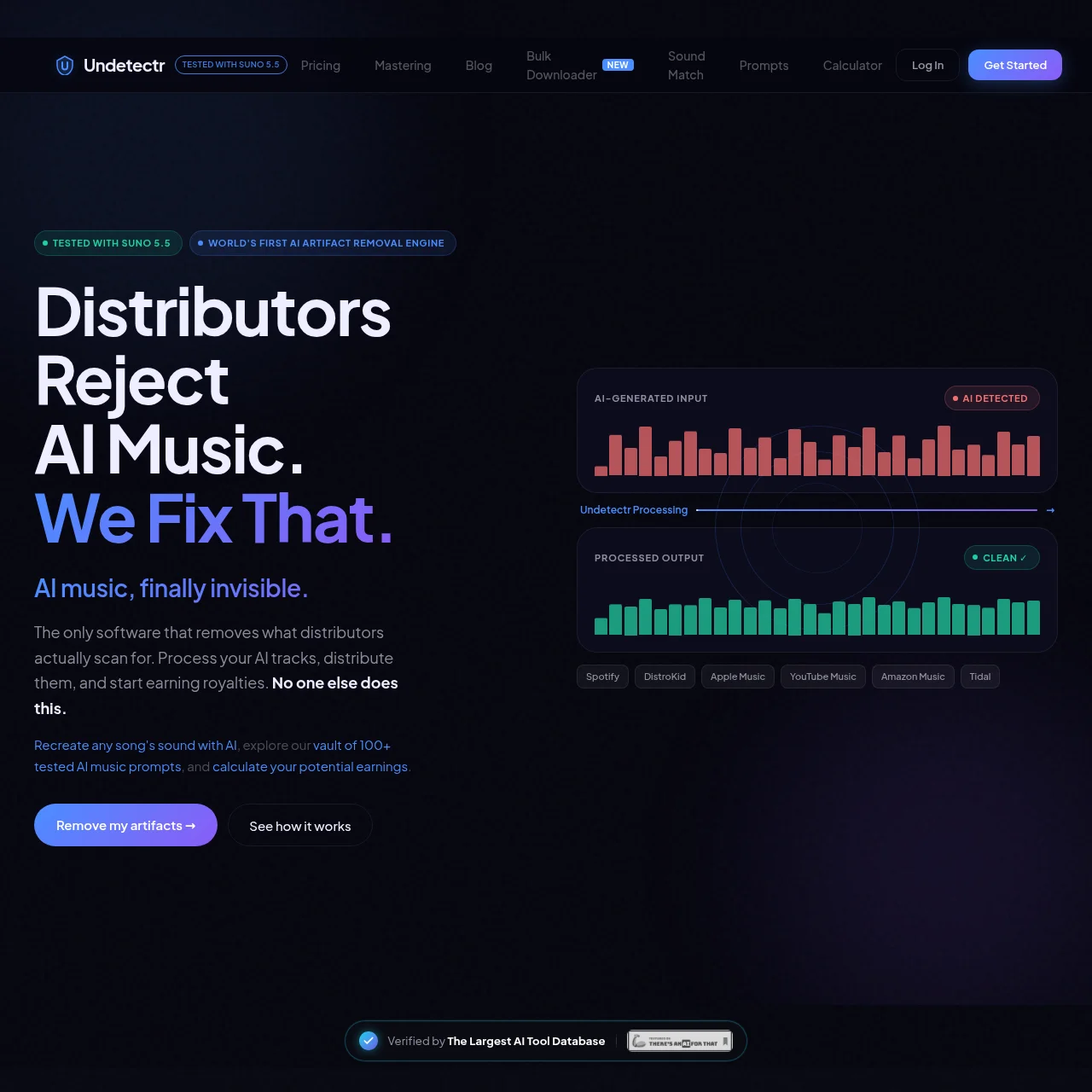 Undetectr.com homepage explaining AI artifact removal for music distribution
