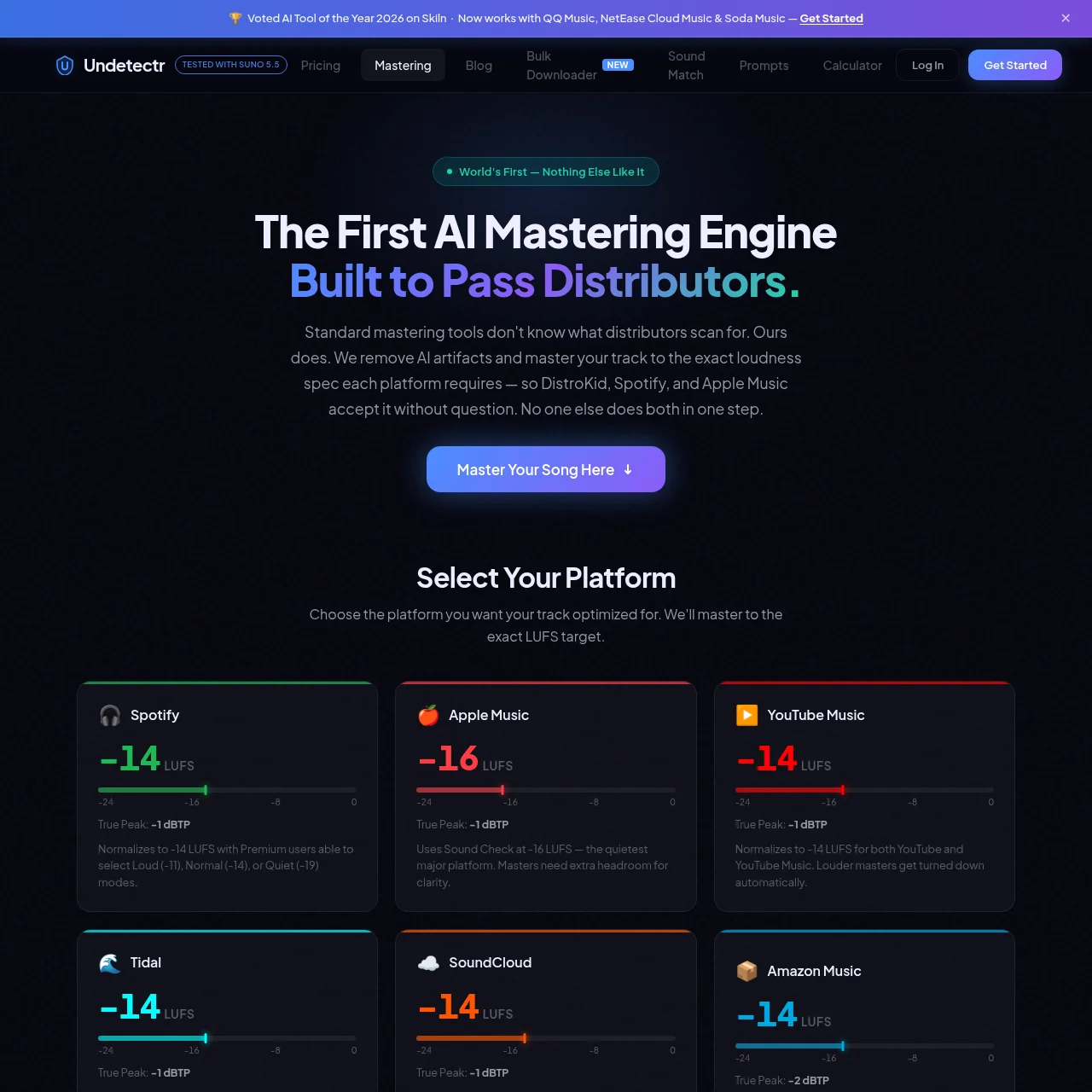 Undetectr Mastering page showing platform-targeted LUFS optimization