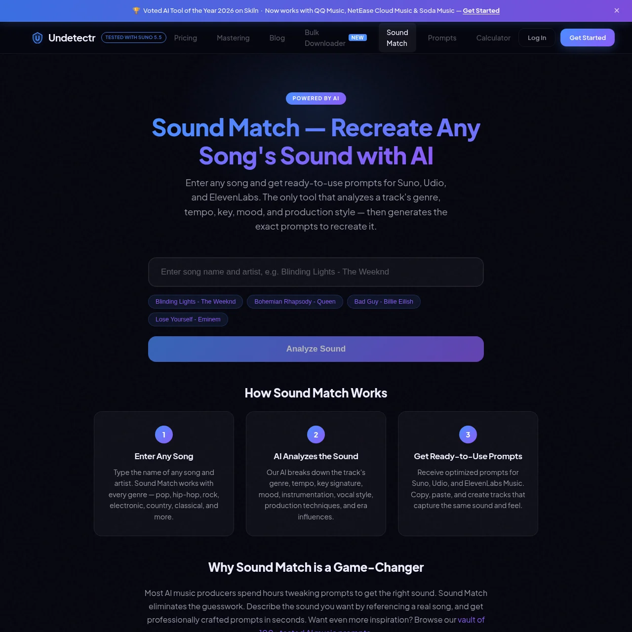 Undetectr Sound Match feature recreating song sounds with AI prompts