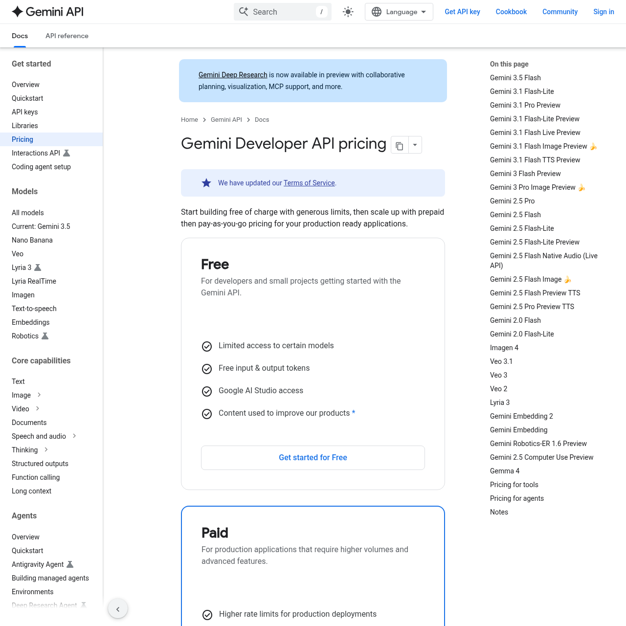Google Gemini API pricing page showing Veo 3.1 Lite, Fast, and Standard tiers per second of video generated
