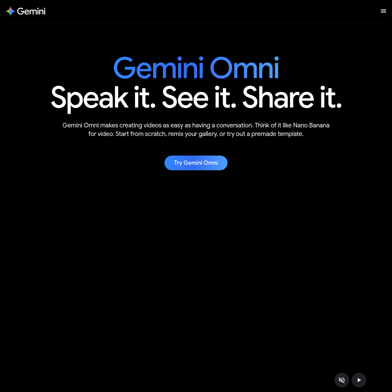 Gemini Omni overview page — Speak it. See it. Share it. Google's new multimodal video model launched May 2026