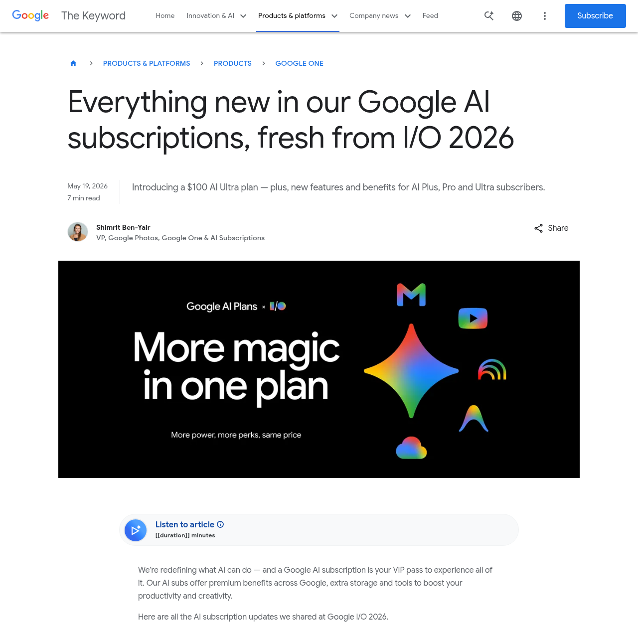 Google AI subscriptions page after Google I/O 2026 — Plus, Pro, and Ultra tiers with new pricing and Omni Flash access