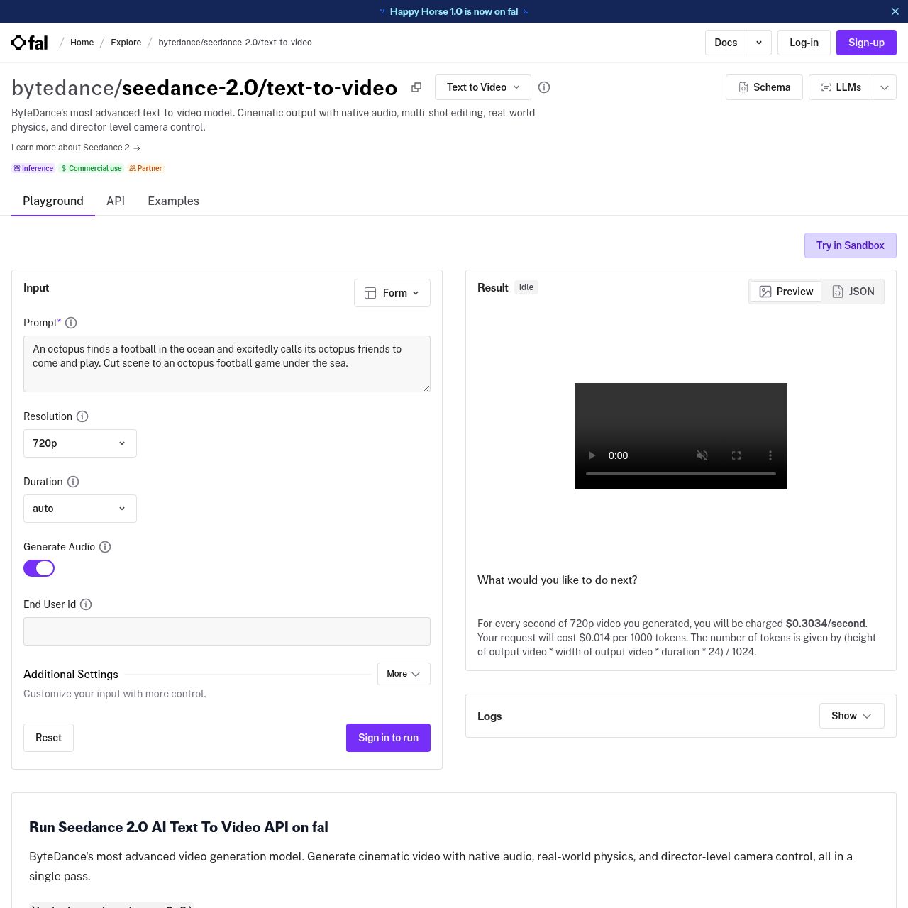 Seedance 2.0 by ByteDance on fal.ai — text-to-video pricing per second at 720p, $0.3034/second Standard tier
