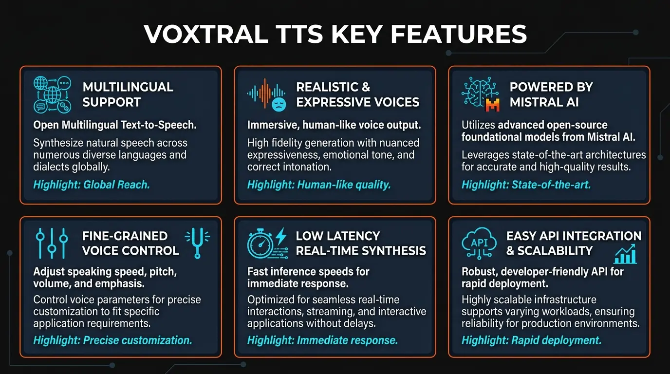 Voxtral TTS 6 key features infographic showing open-source self-hosting, multilingual speech, expressive output, voice conditioning, Mistral ecosystem integration, and API access