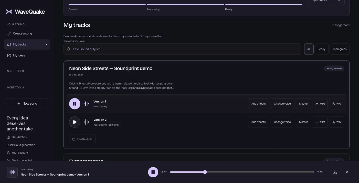 Our newly generated song in the live library, with the two versions presented as separate recordings.