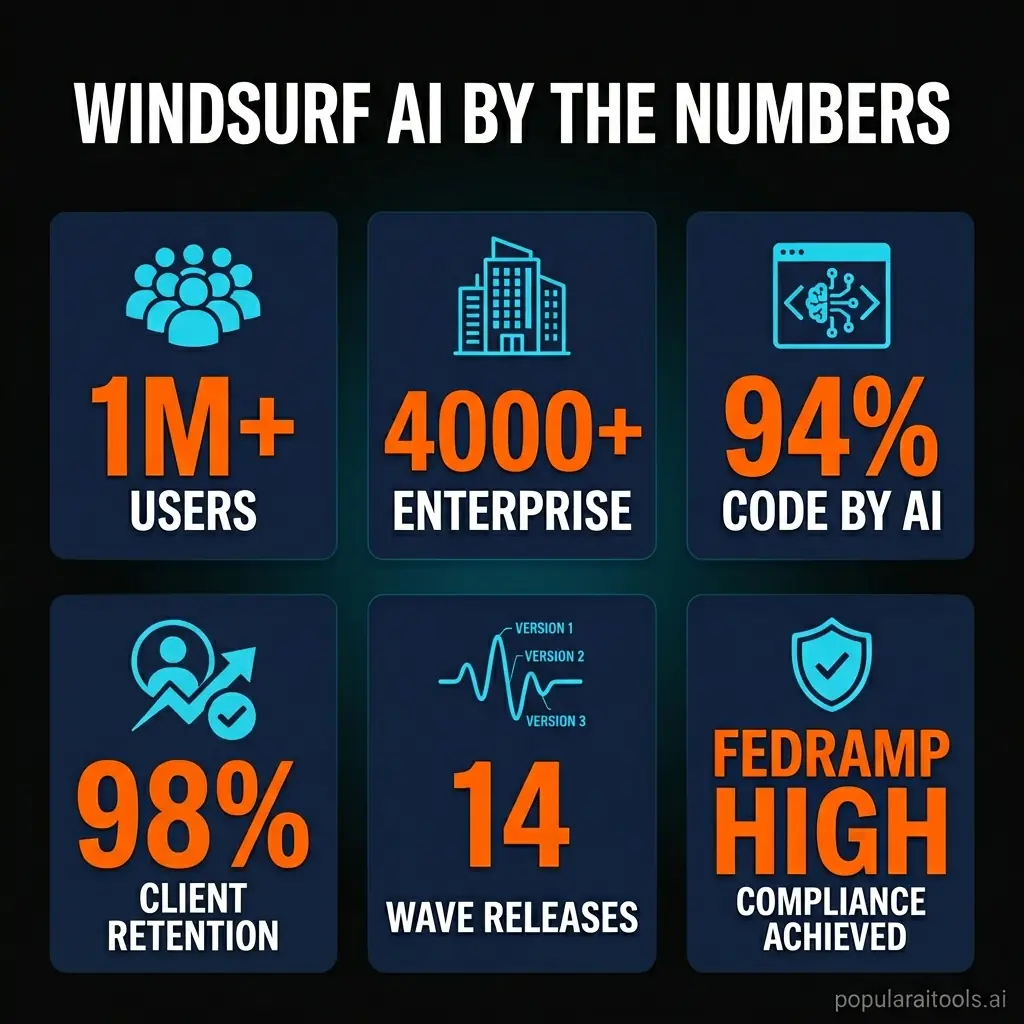 Infographic showing key Windsurf AI statistics and metrics