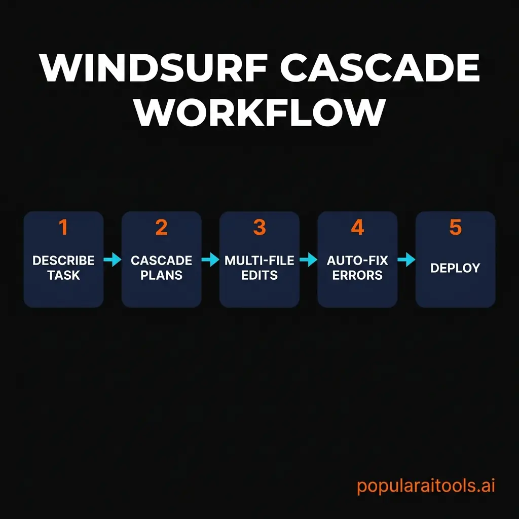 Infographic showing the 5-step Windsurf Cascade workflow from task description to deployment