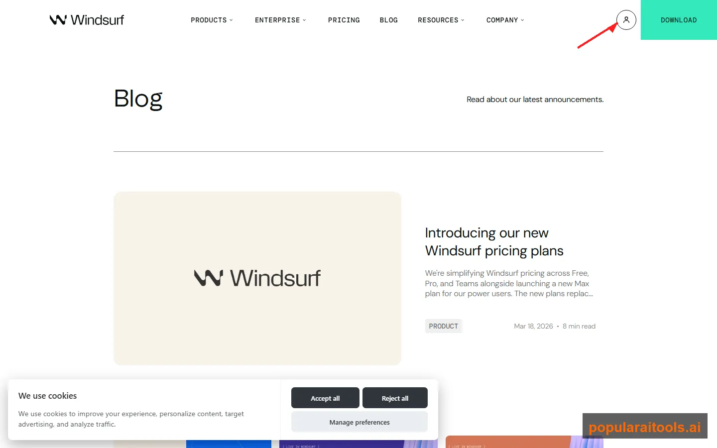 Windsurf blog showing latest updates and Wave releases
