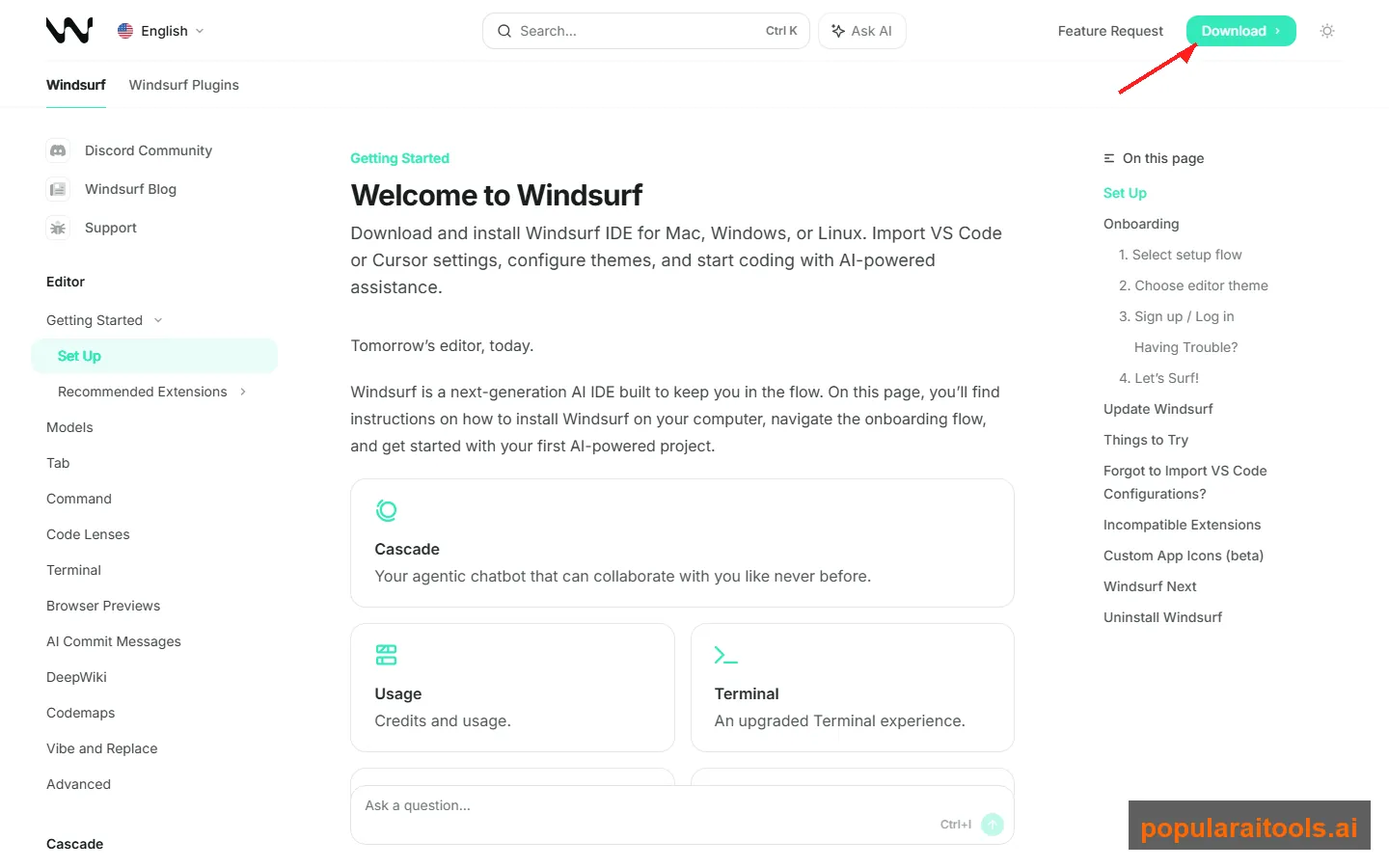 Windsurf documentation showing Cascade and feature details