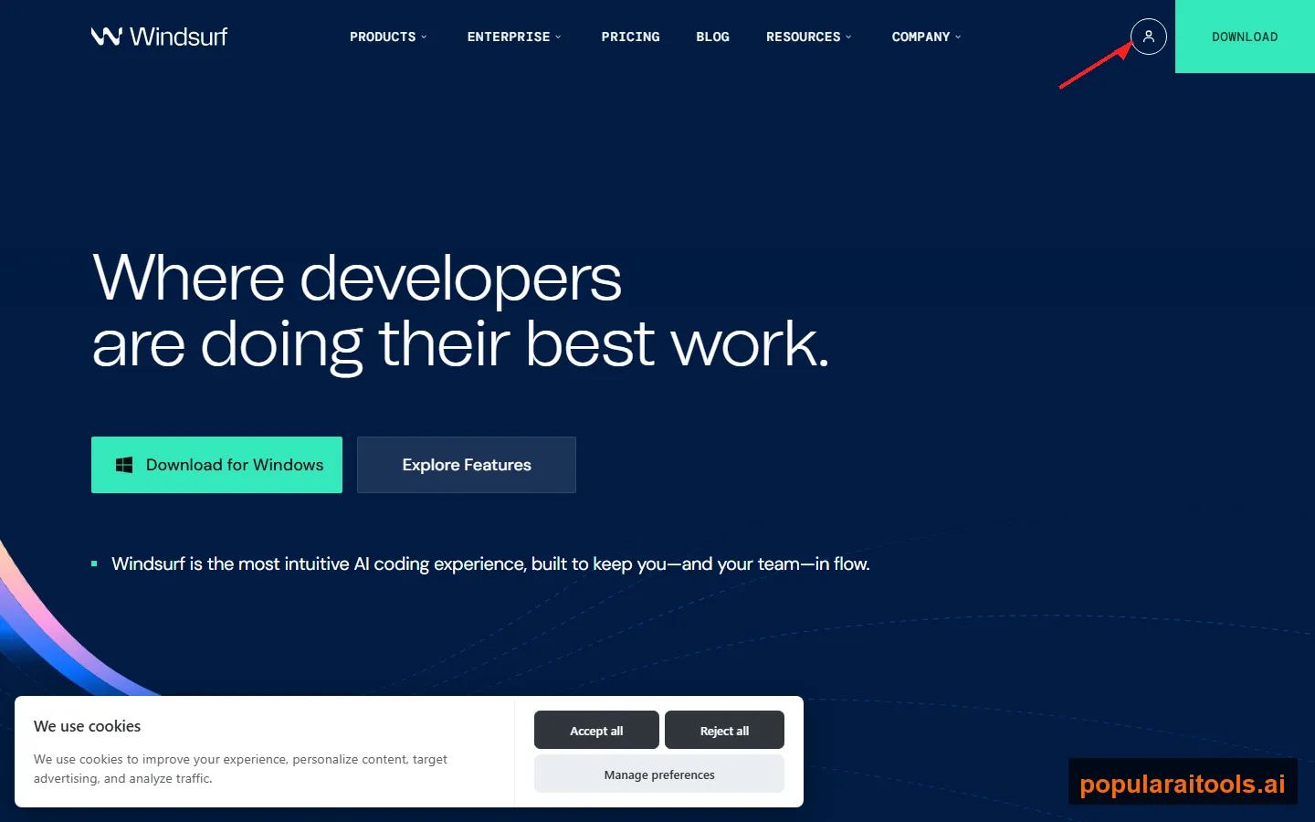 Windsurf AI homepage showing the IDE interface and key features