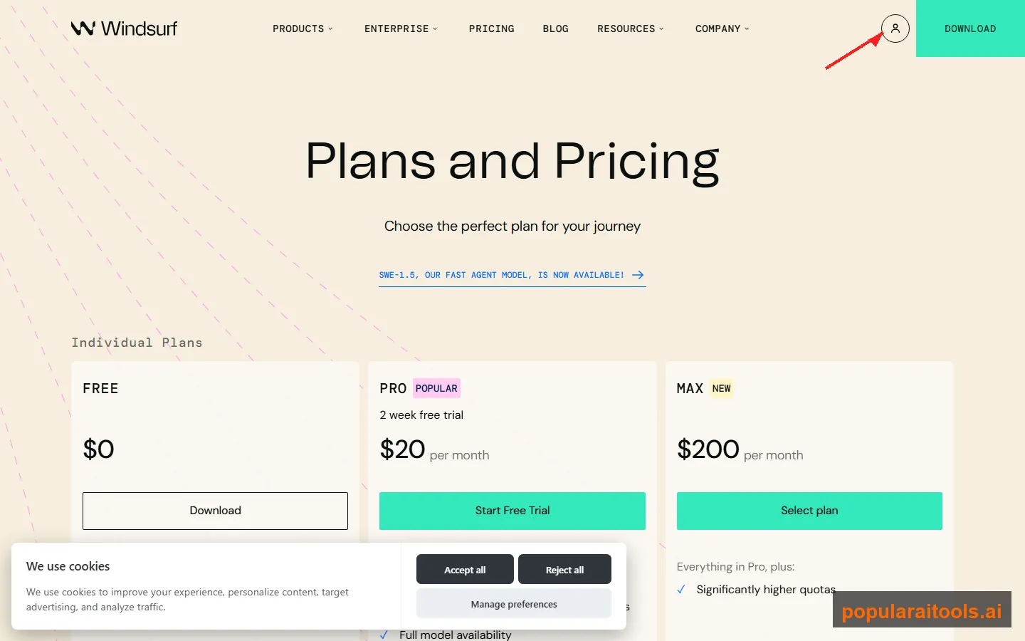 Windsurf pricing page showing Free, Pro, Max, and Teams plans