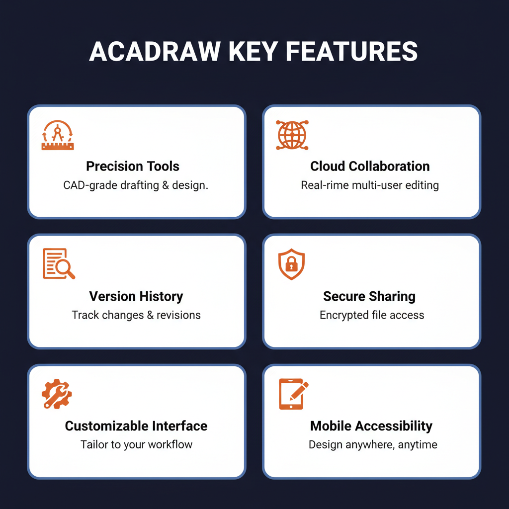 AcaDraw key features infographic showing main capabilities