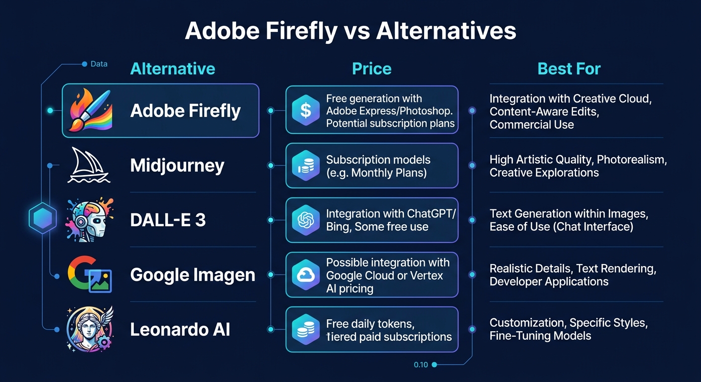 Adobe Firefly alternatives comparison showing Midjourney, DALL-E 3, Google Imagen, and Leonardo AI with pricing and strengths