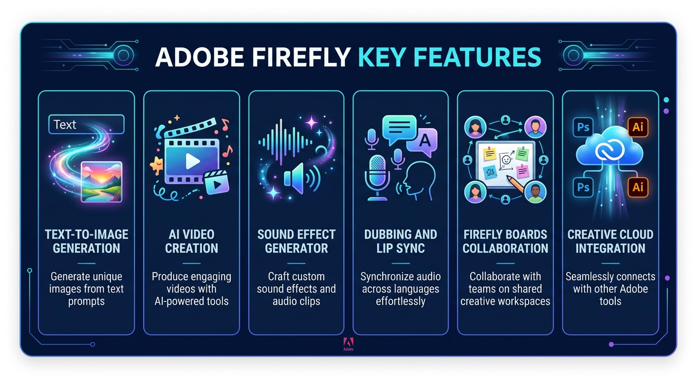 Adobe Firefly key features infographic showing text-to-image, AI video creation, sound effects, dubbing, Firefly Boards, and Creative Cloud integration