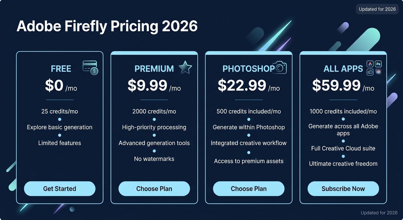 Adobe Firefly pricing card showing Free 25 credits, Premium $9.99 per month with 2000 credits, and Creative Cloud plans