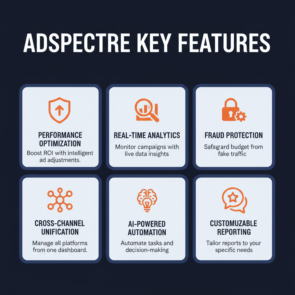 Adspectre key features infographic showing main capabilities