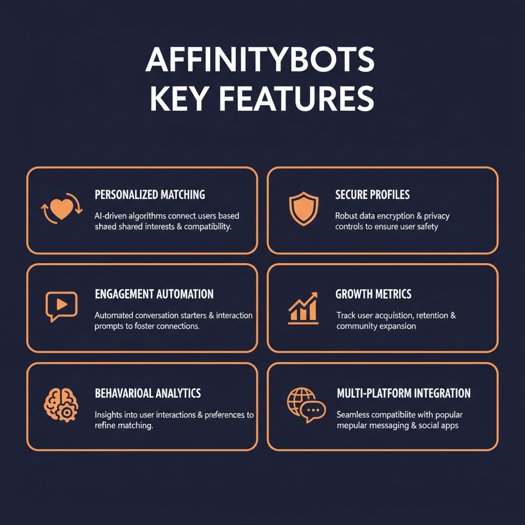 AffinityBots key features infographic showing main capabilities