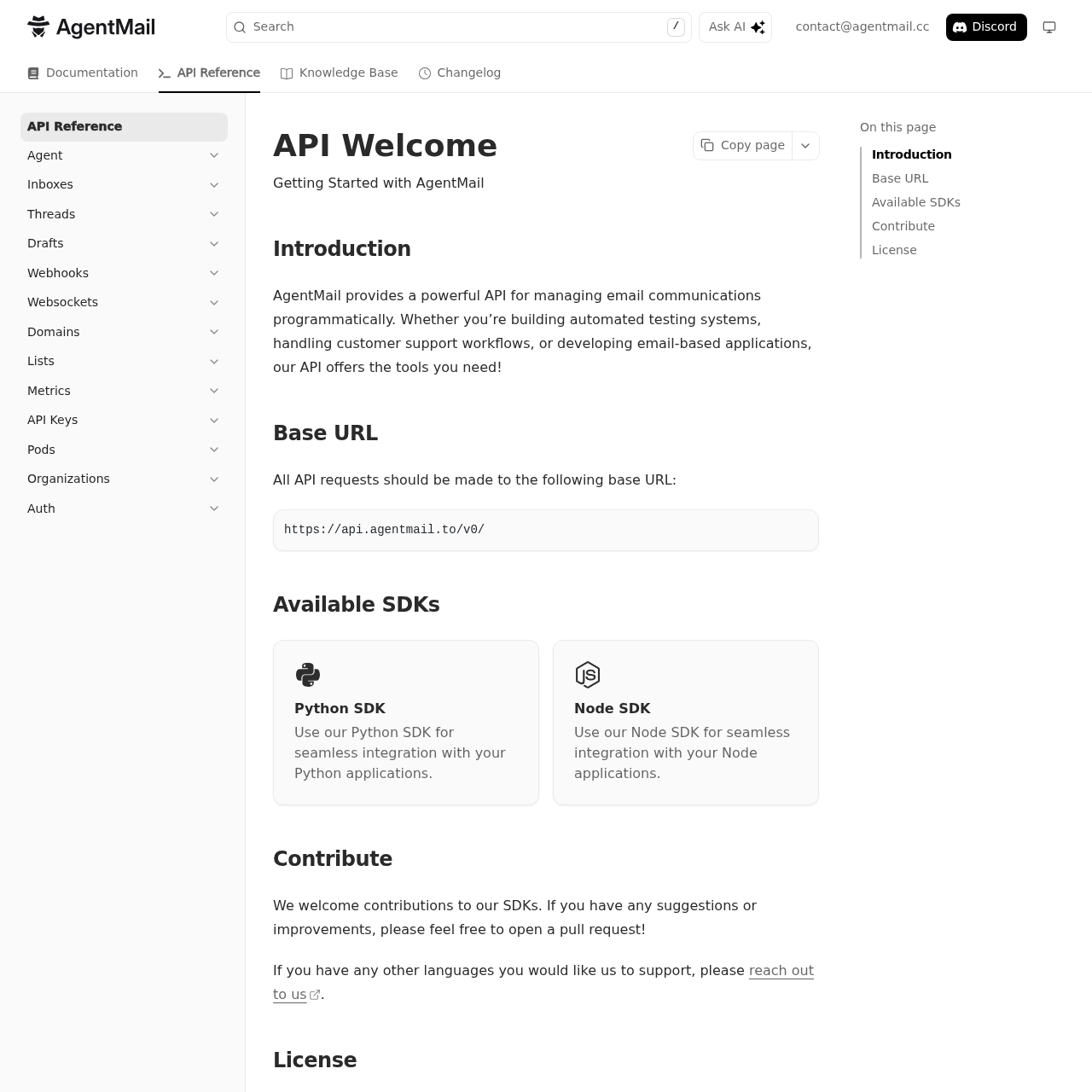 AgentMail API reference documentation showing REST endpoints for inboxes, messages and threads