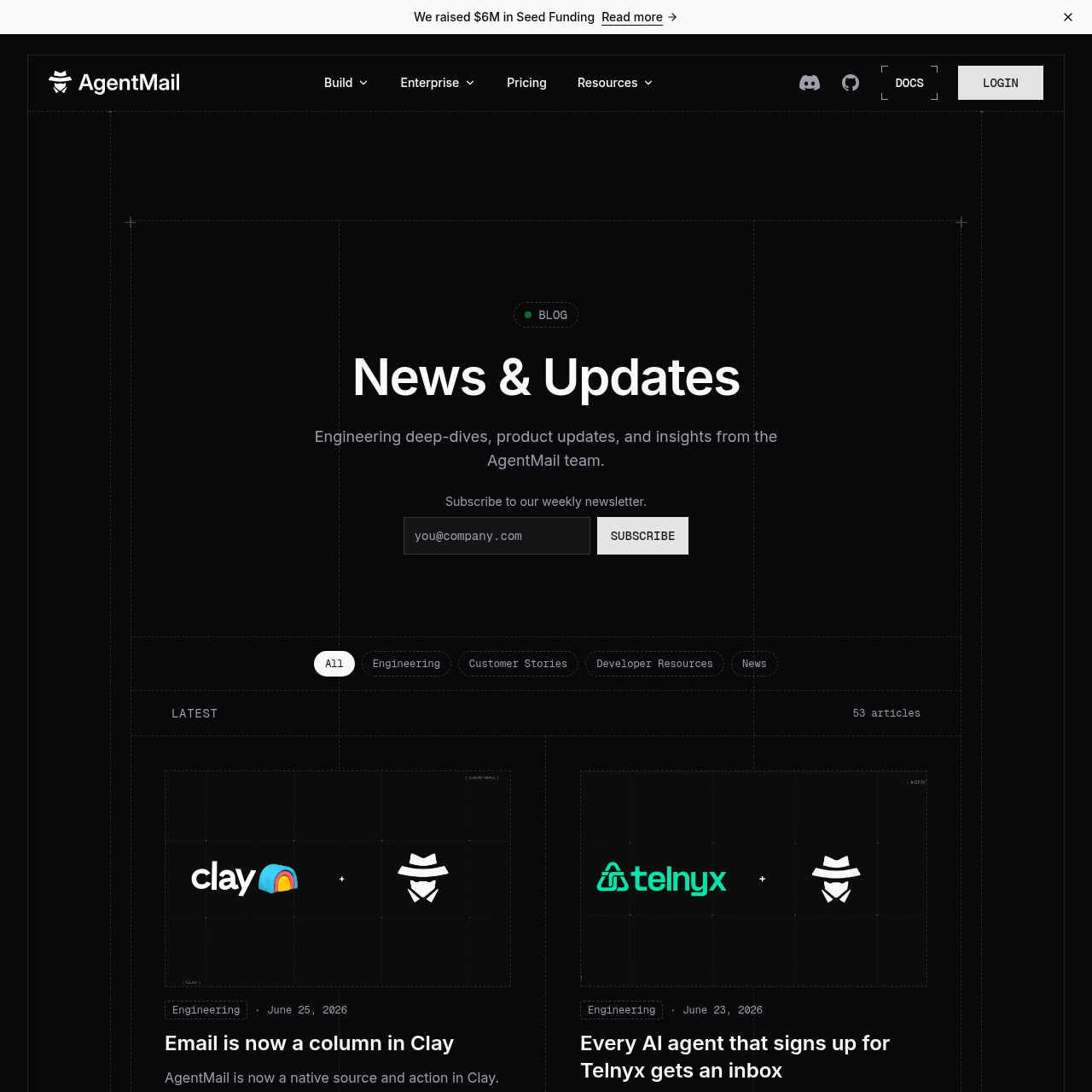 AgentMail blog page with articles about building email-capable AI agents