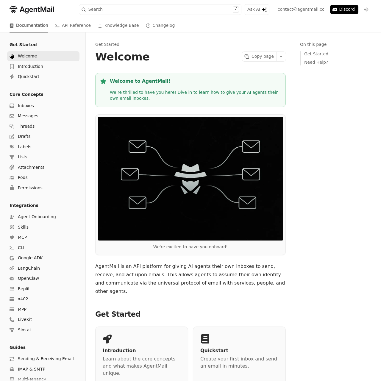 AgentMail developer documentation homepage with quickstart guides and SDK references