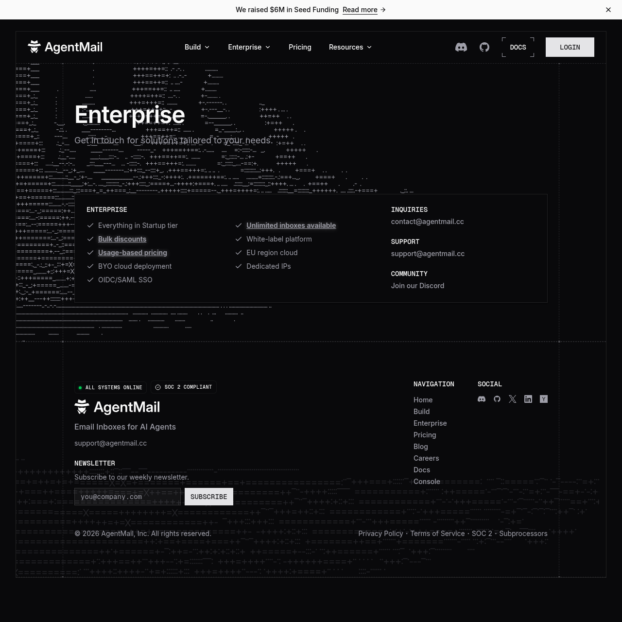 AgentMail enterprise page showing multi-tenant infrastructure, SSO, and compliance features for platform builders