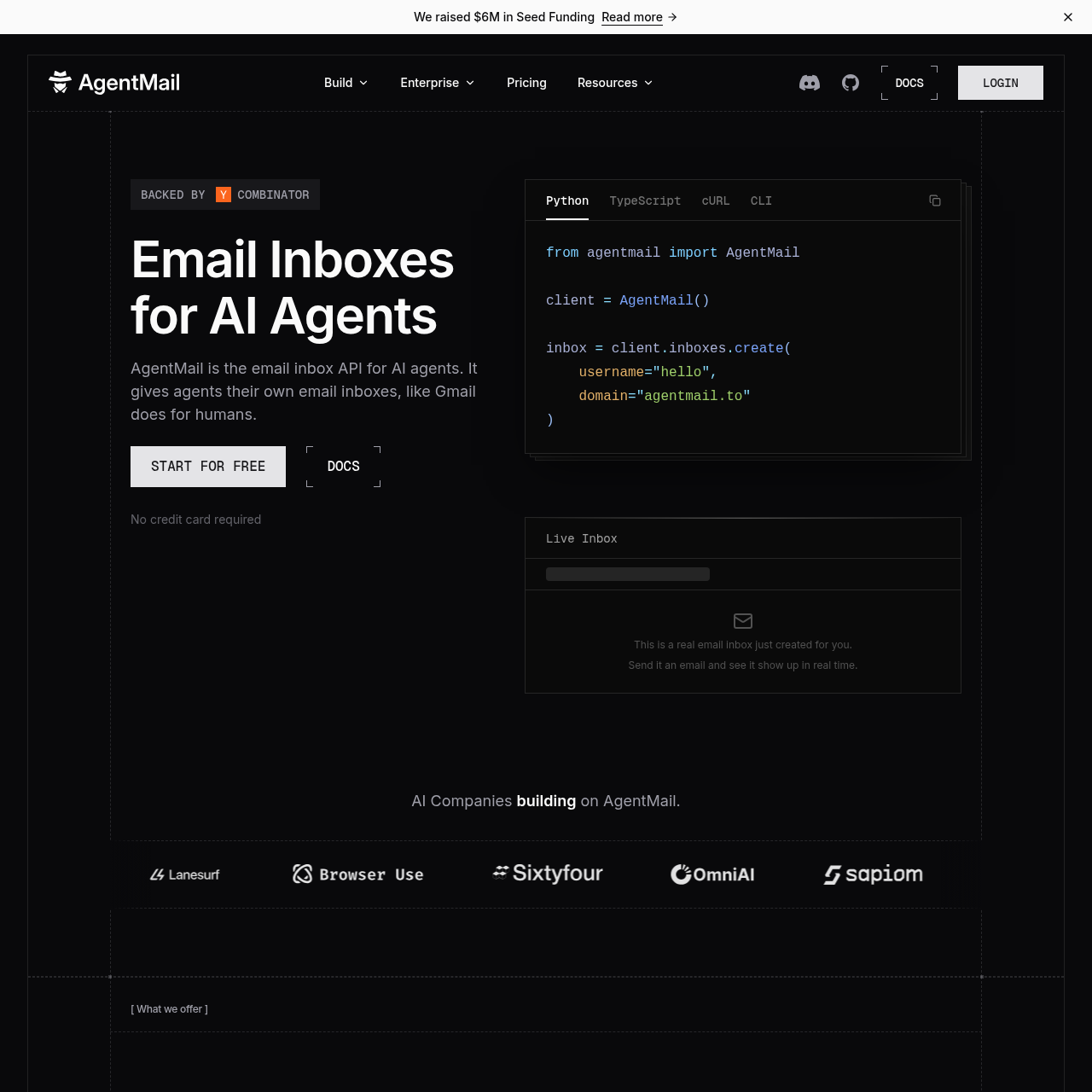 AgentMail homepage showing the email inbox API for AI agents with a Python code example and live inbox demo