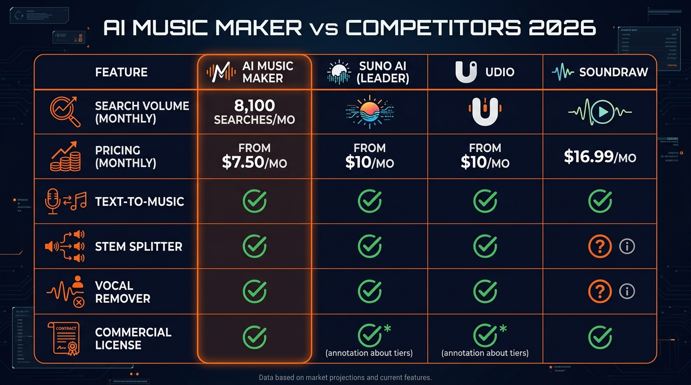 AI Music Maker compared to Suno, Udio, and Soundraw in a feature comparison infographic