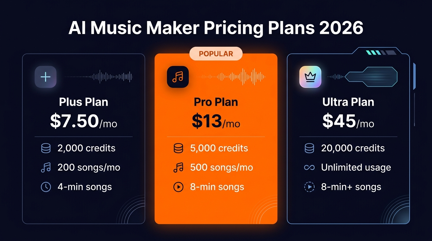 AI Music Maker pricing comparison infographic showing Plus at $7.50/mo, Pro at $13/mo, and Ultra at $45/mo