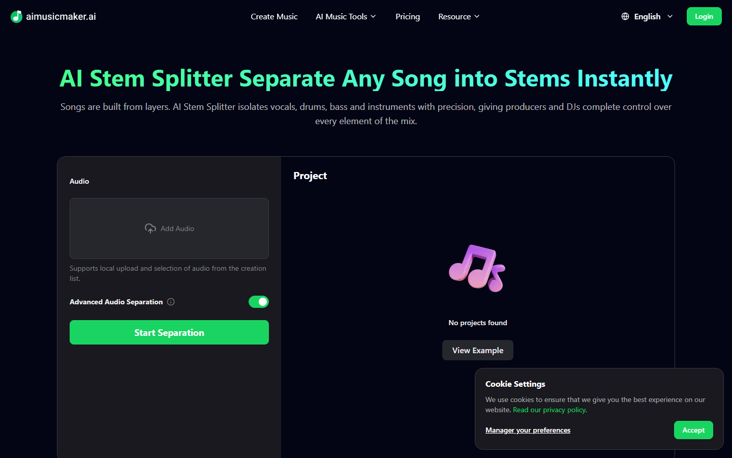 AI Music Maker stem splitter tool for separating songs into individual instrument tracks