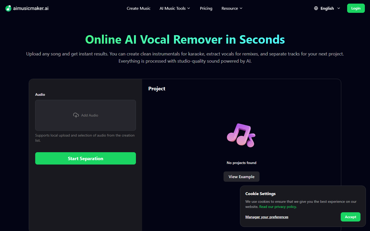 AI Music Maker vocal remover tool interface for separating vocals from instrumentals
