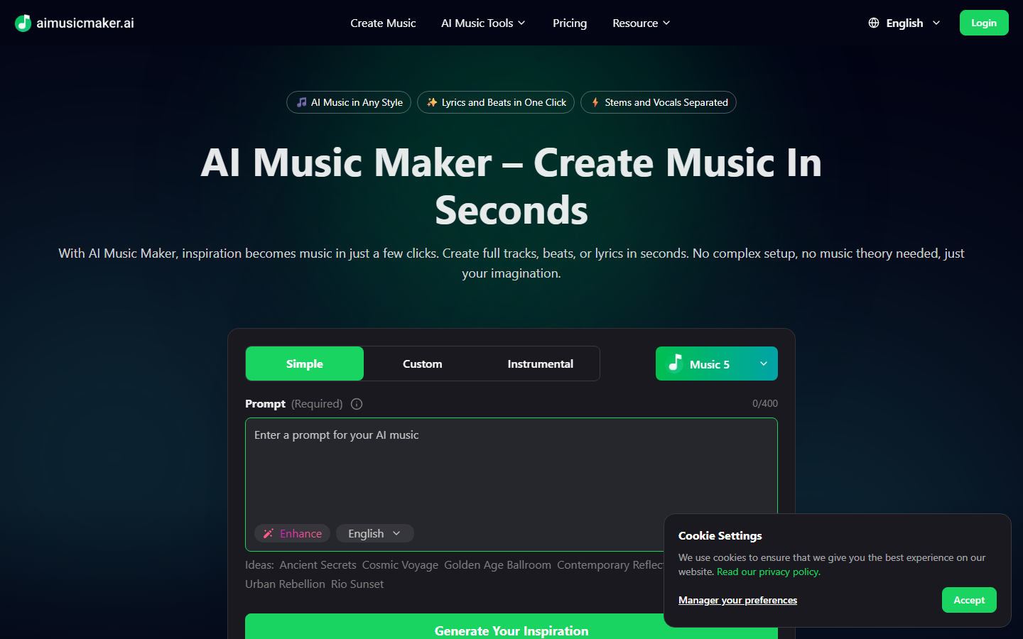 AI Music Maker homepage showing the text-to-music interface and feature overview