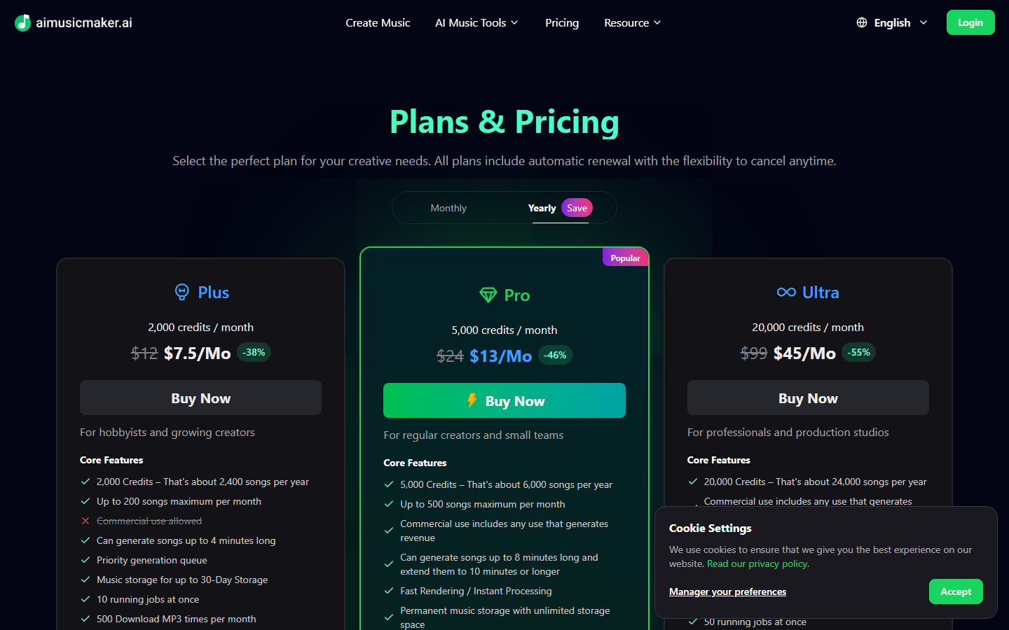 AI Music Maker pricing page showing Plus, Pro, and Ultra plan details