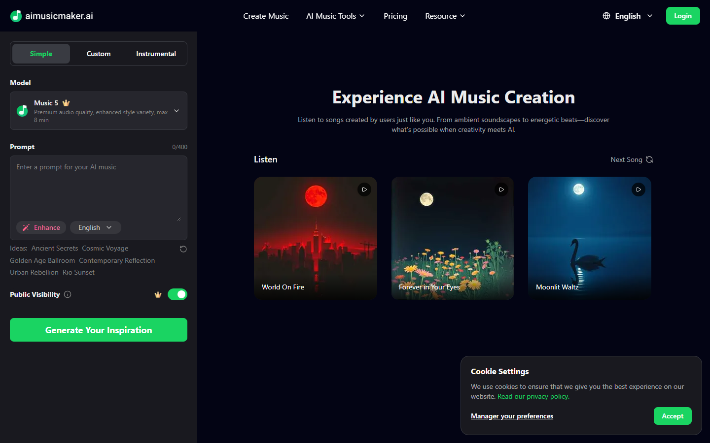 AI Music Maker text-to-music creation interface with genre and mood selection options